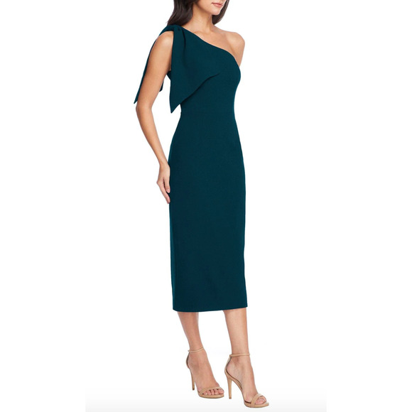 Dress the Population Dresses & Skirts - Dress The Population Tiffany Pine Green One Shoulder Bow Midi Dress